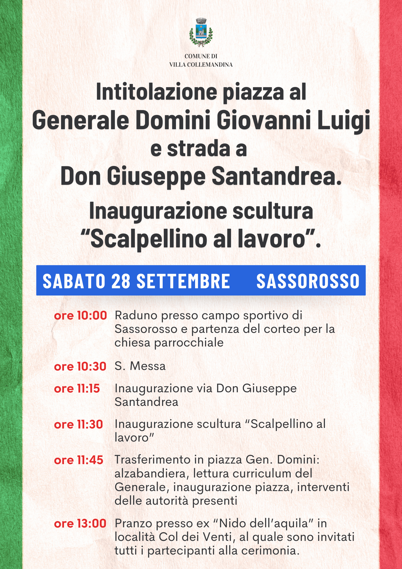 24 settembre intitolazioni a Generale Domini e Don Santandrea, inaugurazione scultura